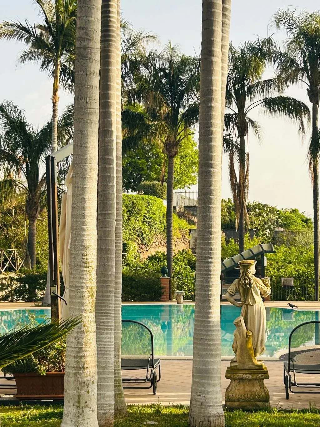 Statue and palm trees by the pool