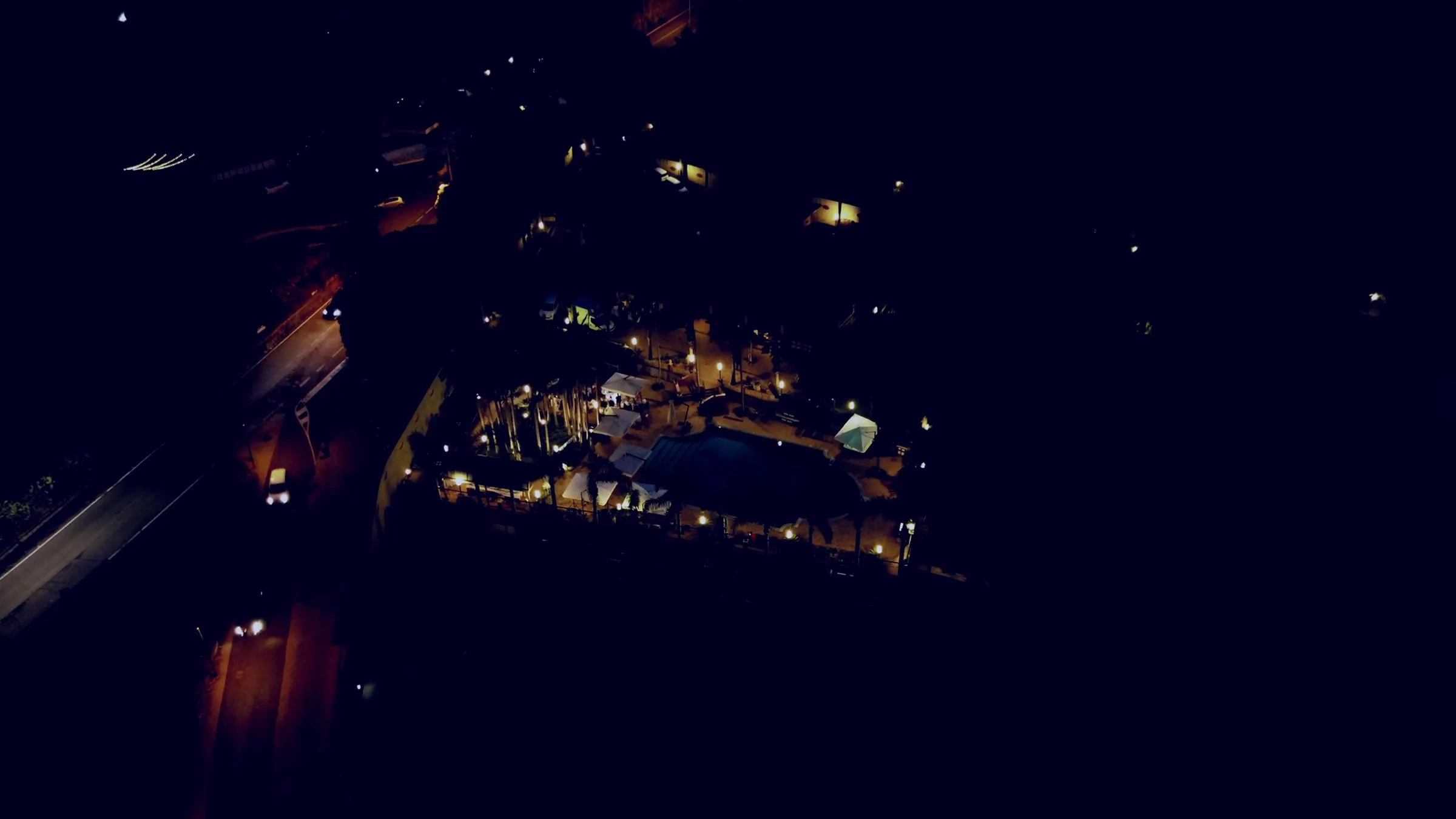 Villa Grandiosa at night, drone view